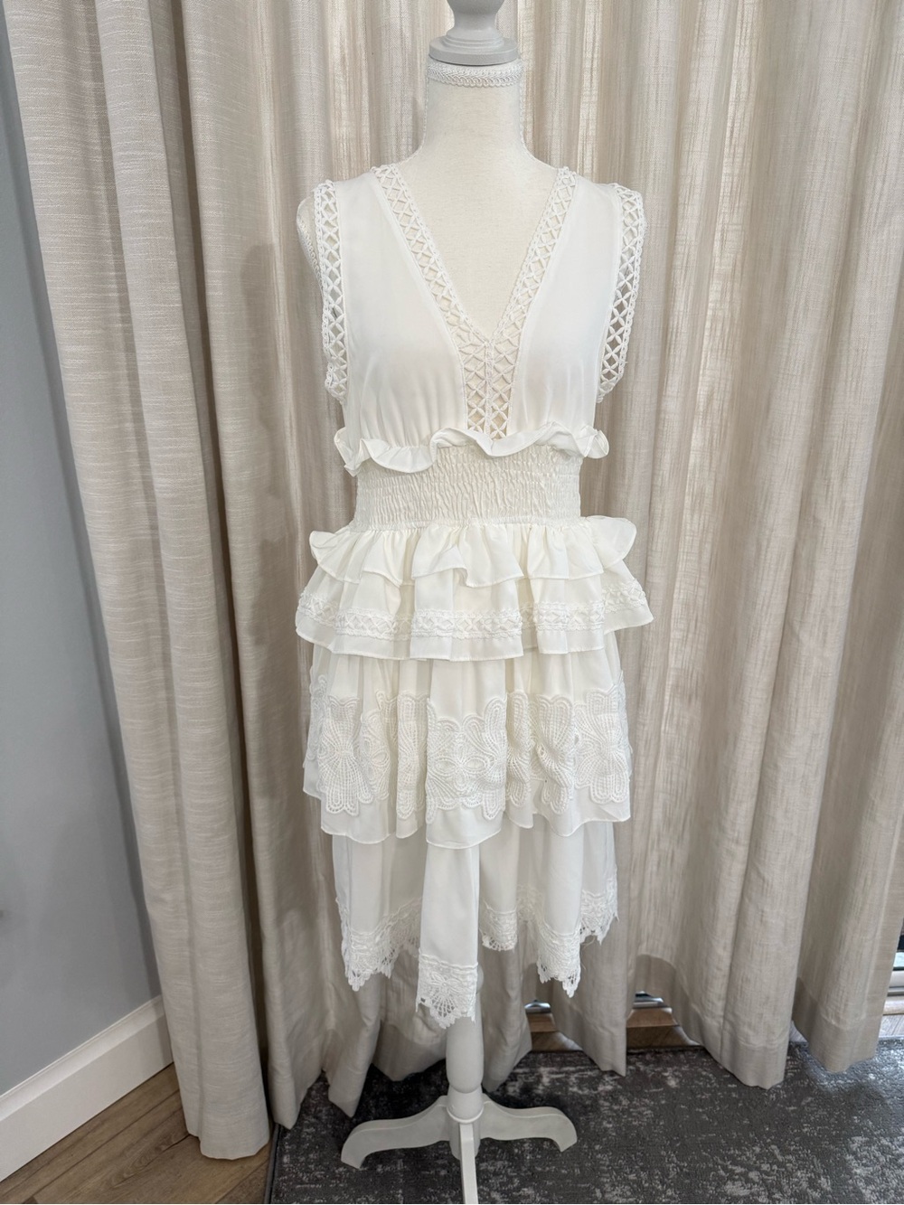 Ivory Tiered Lace-Trim Midi Dress with Smocked Waist